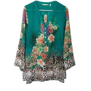 Soft Surroundings Tunic Top Teal Tropical Mixed Print